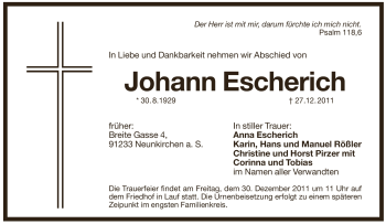 Traueranzeige von Johann Escherich von Pegnitz-Zeitung